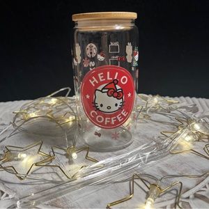 Hello Kitty Christmas glass tumbler with lid & straw